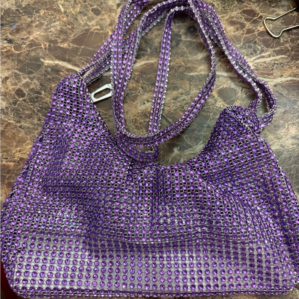 Purple Rhinestone Mesh Shoulder Bag